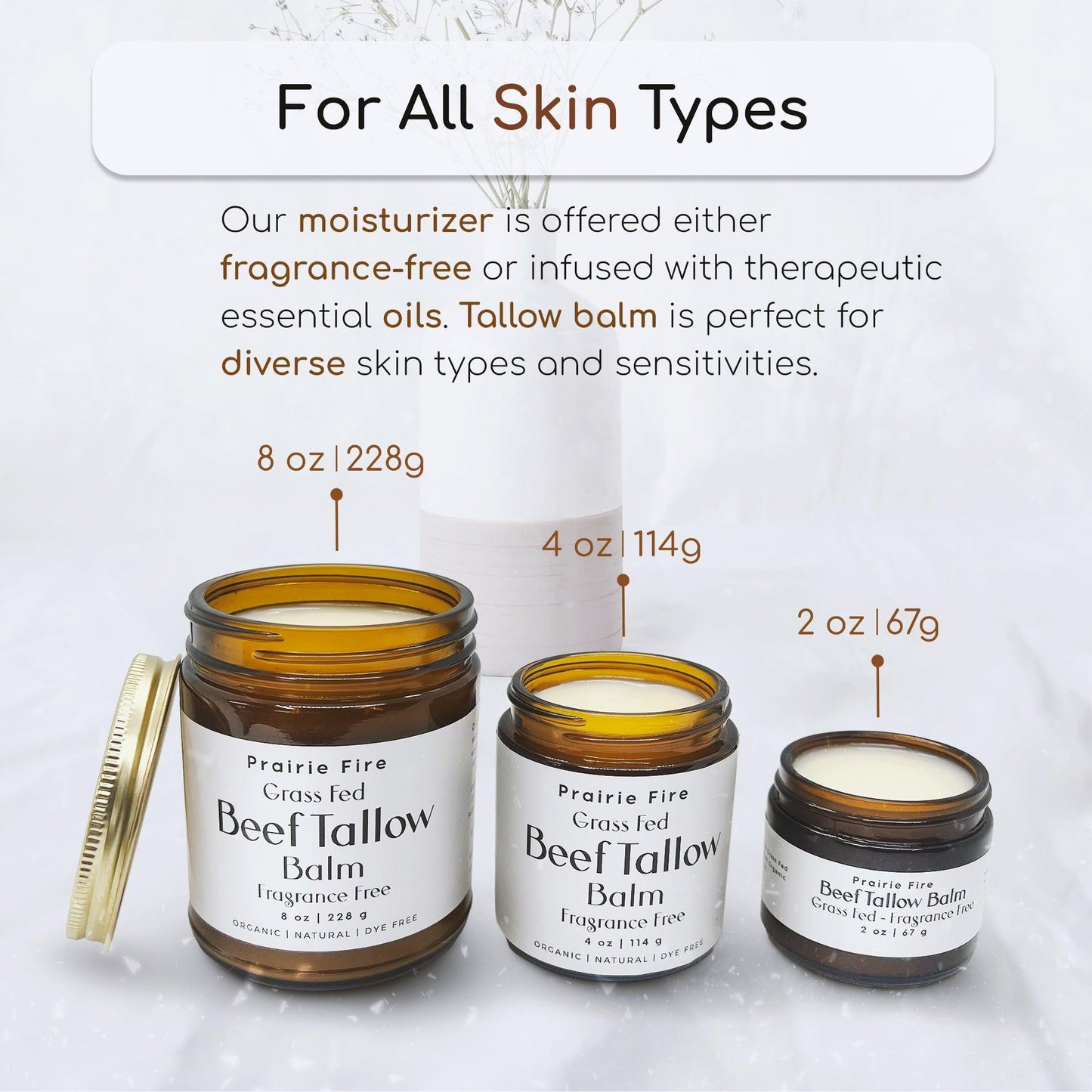 PRAIRIE FIRE - Beef Tallow Balm - 4 oz - Made in USA - Organic Grass Fed and Finished Tallow - Moisturizing Skin Care