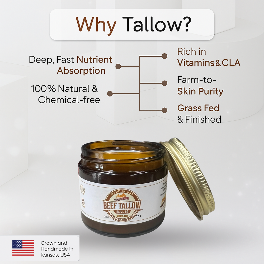 PRAIRIE FIRE - Beef Tallow Balm - 4 oz - Made in USA - Organic Grass Fed and Finished Tallow - Moisturizing Skin Care