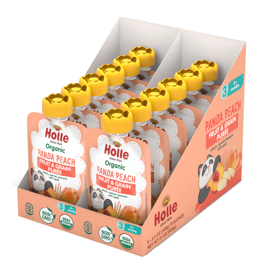 Holle Baby Food Pouches - Organic Fruit & Grain Puree -  Panda Peach