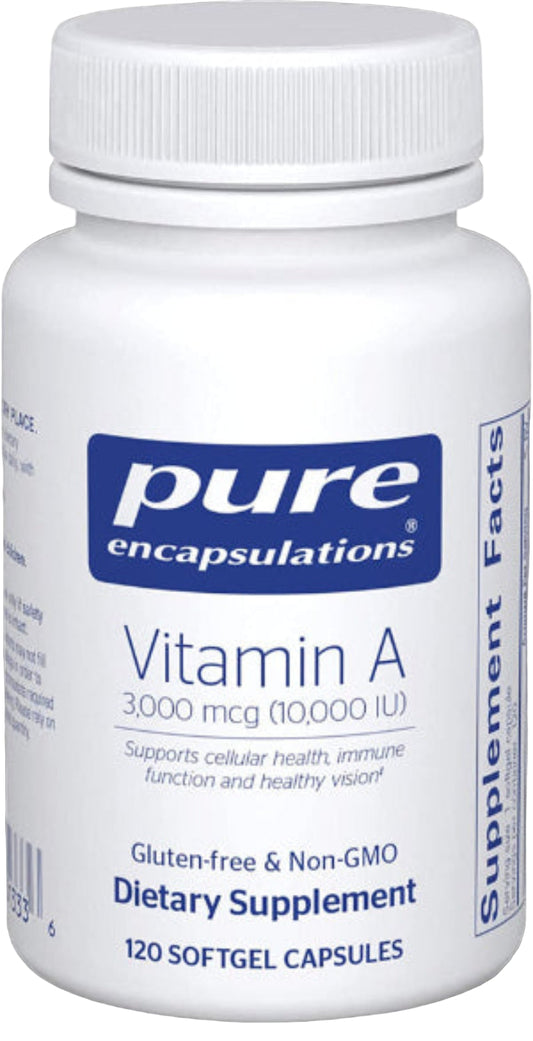 Supplement bottle labeled 'pure encapsulations Vitamin A' on a white background