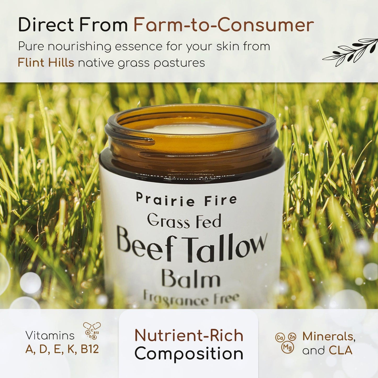 PRAIRIE FIRE - Beef Tallow Balm - 4 oz - Made in USA - Organic Grass Fed and Finished Tallow - Moisturizing Skin Care