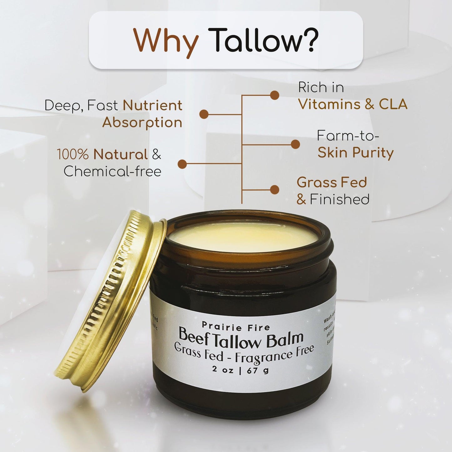 PRAIRIE FIRE - Beef Tallow Balm - 4 oz - Made in USA - Organic Grass Fed and Finished Tallow - Moisturizing Skin Care